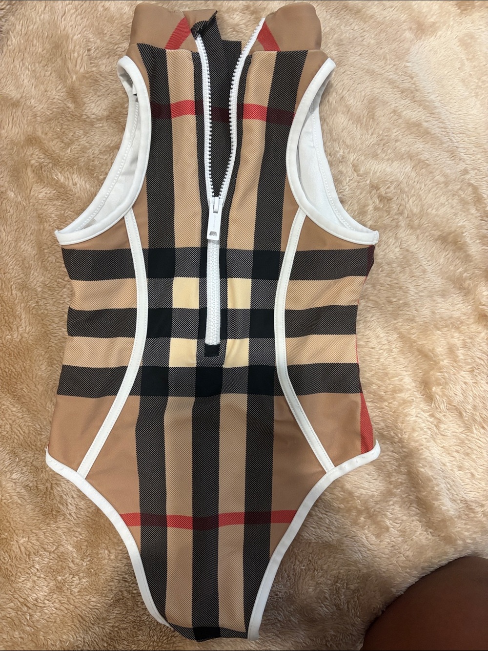 Burberry Beige, Black & Red Plaid Swim Top with White Trim